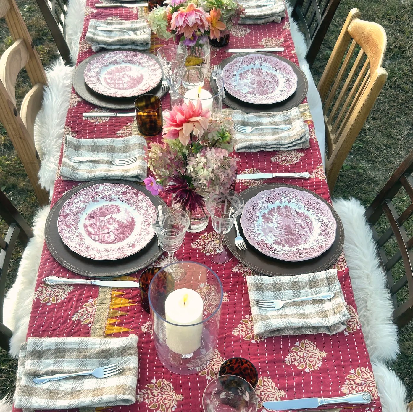 A garden picnic table in pink transferware at a recent event
