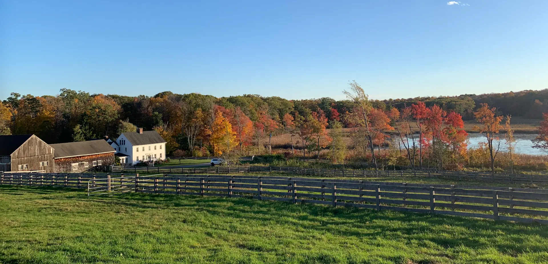 Hart Hill Farm in autumn, with the barns and pasture by the pond